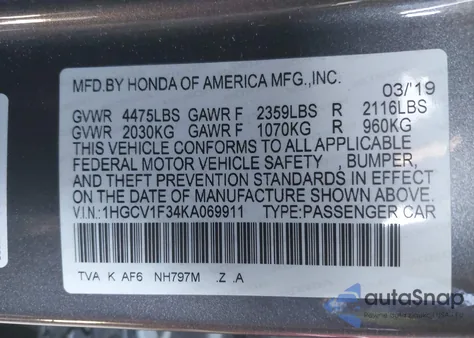 2019 Honda Accord Sport из США, поврежденный, VIN 1HGCV1F34KA069911